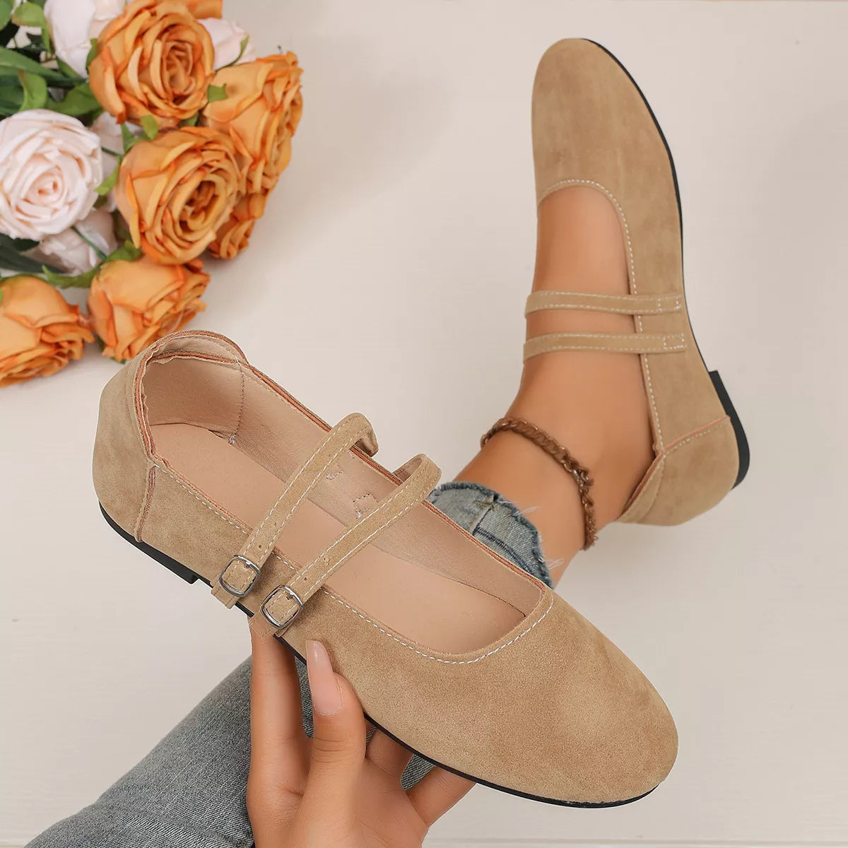 Trendsi round toe slip-on shoes in black leather with a sleek design and comfortable elastic side panels.