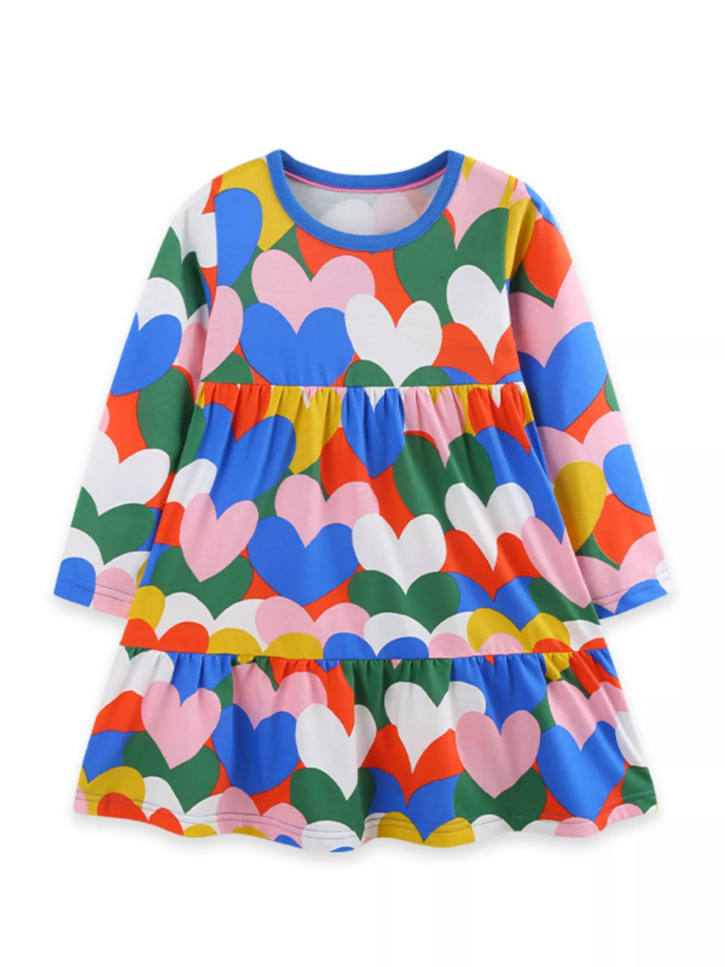 Children's heart print long sleeve tiered casual dress by Trendsi, featuring a comfortable, stylish design for kids.
