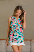 Sew In Love wrinkle-free floral notched tank top in lightweight fabric, featuring a floral pattern and notched neckline.