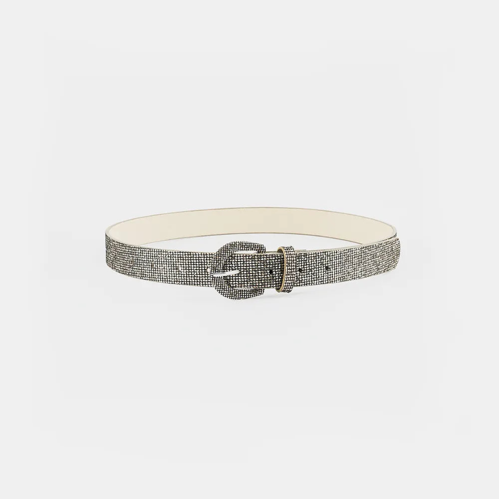 Shiny sequin PU leather belt from Trendsi featuring a sleek design and stylish silver buckle on a white background.