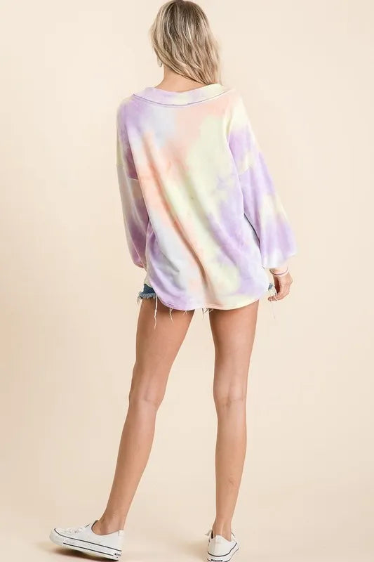BiBi Tie Dye French Terry V-Neck Top with Puff Sleeves, trendy casual shirt, soft fabric, stylish and comfortable for everyday wear.