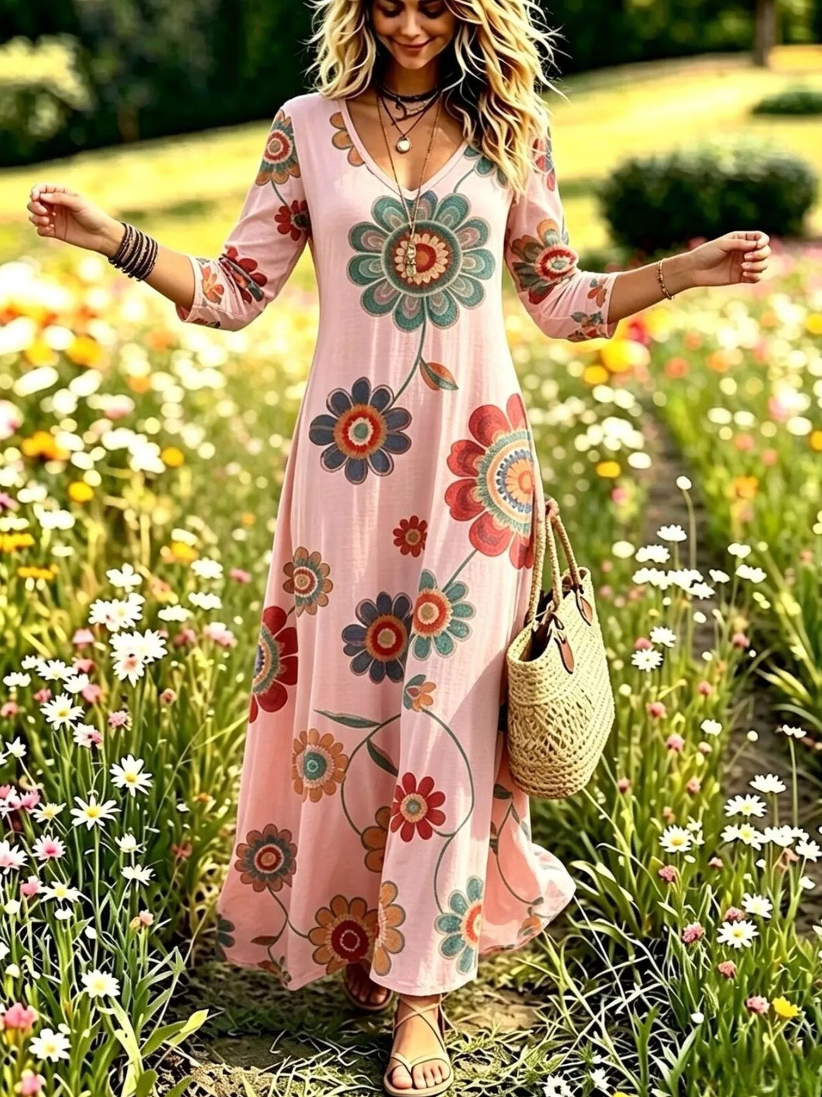 Floral print V-neck long sleeve maxi dress from Trendsi showing a flowing fabric and vibrant floral pattern.