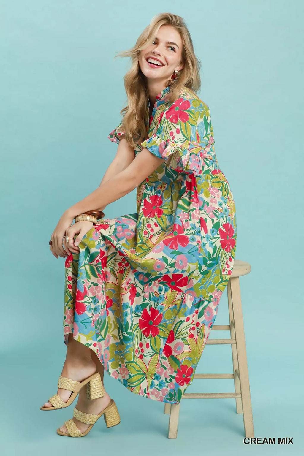 Umgee tropical floral ruffle sleeve tiered midi dress with vibrant pattern and flowy design, perfect for summer or casual occasions.