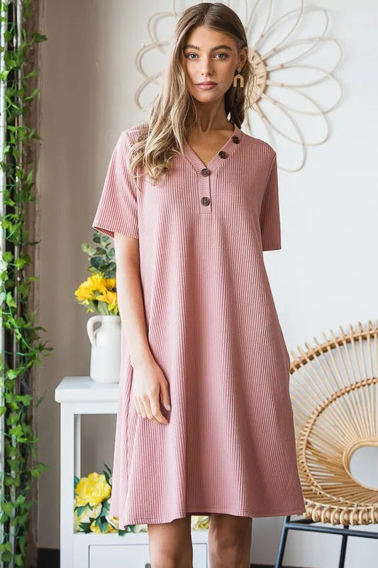 Plus size Heimish full-size solid ribbed mini dress with button details, stylish and comfortable for casual wear.