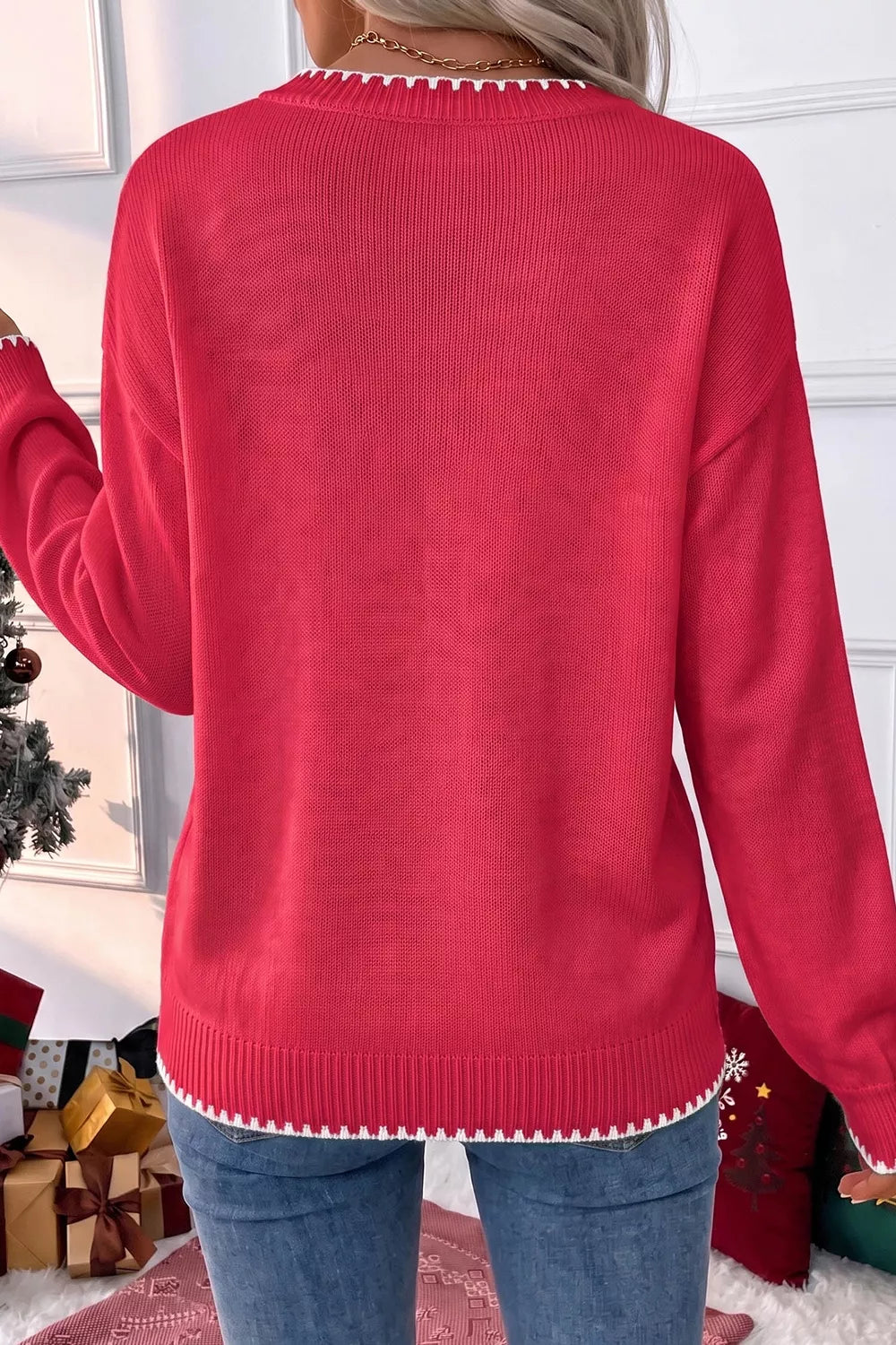 Scarlet holiday sweater with stitched Christmas tree, view 2