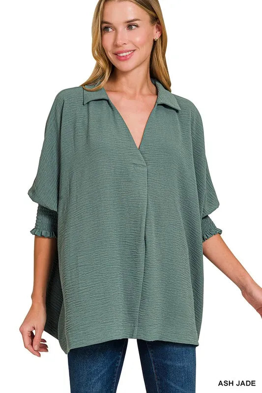 Zenana Airflow Collar Tee with smocked sleeve band, casual top featuring a relaxed fit and breathable fabric for everyday wear.