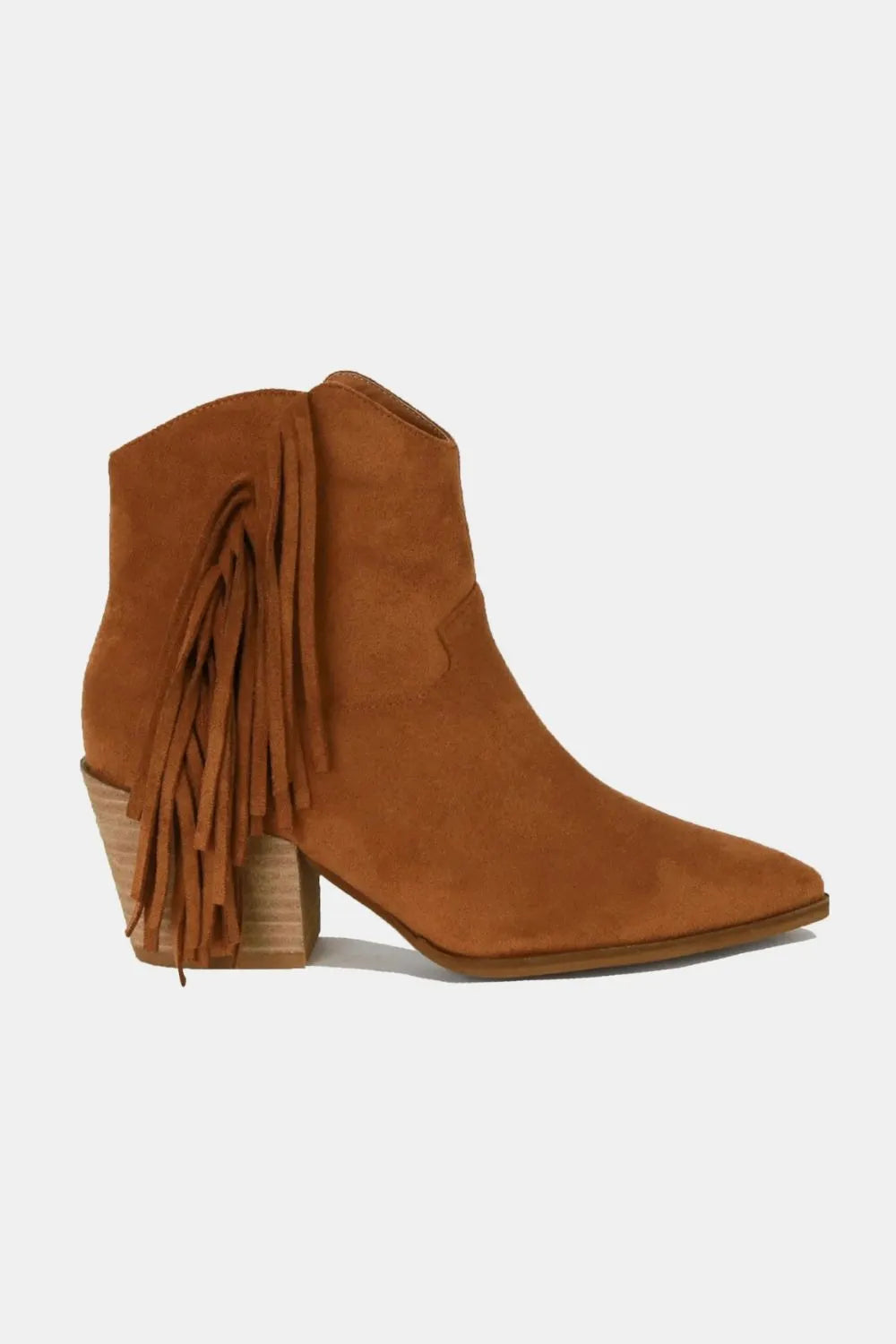 Beast Fashion suede fringe point toe ankle boots in tan with layered fringe and block heel, stylish and trendy footwear.