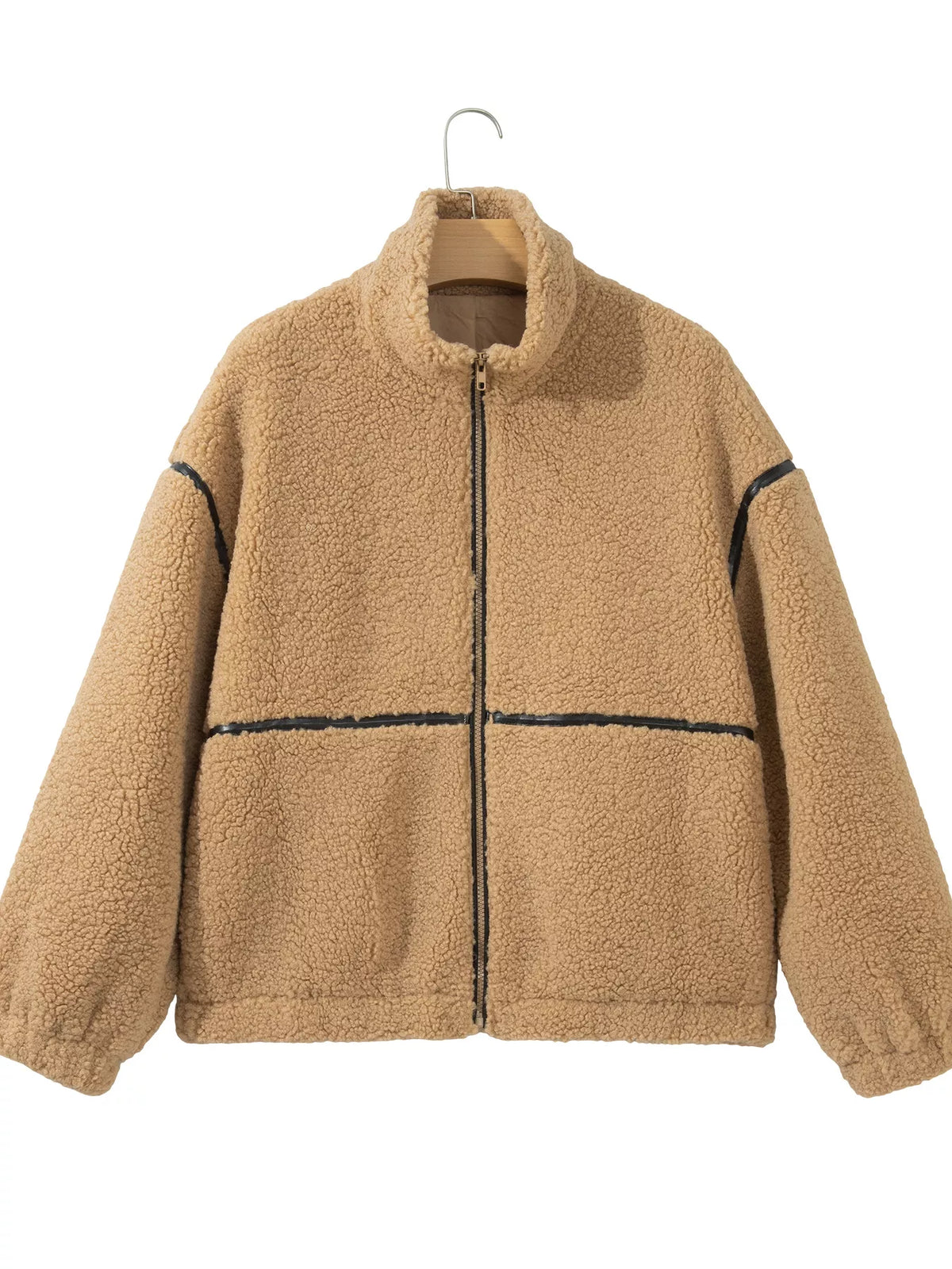 Camel fleece zip-up jacket with collar and dropped shoulders, view 11