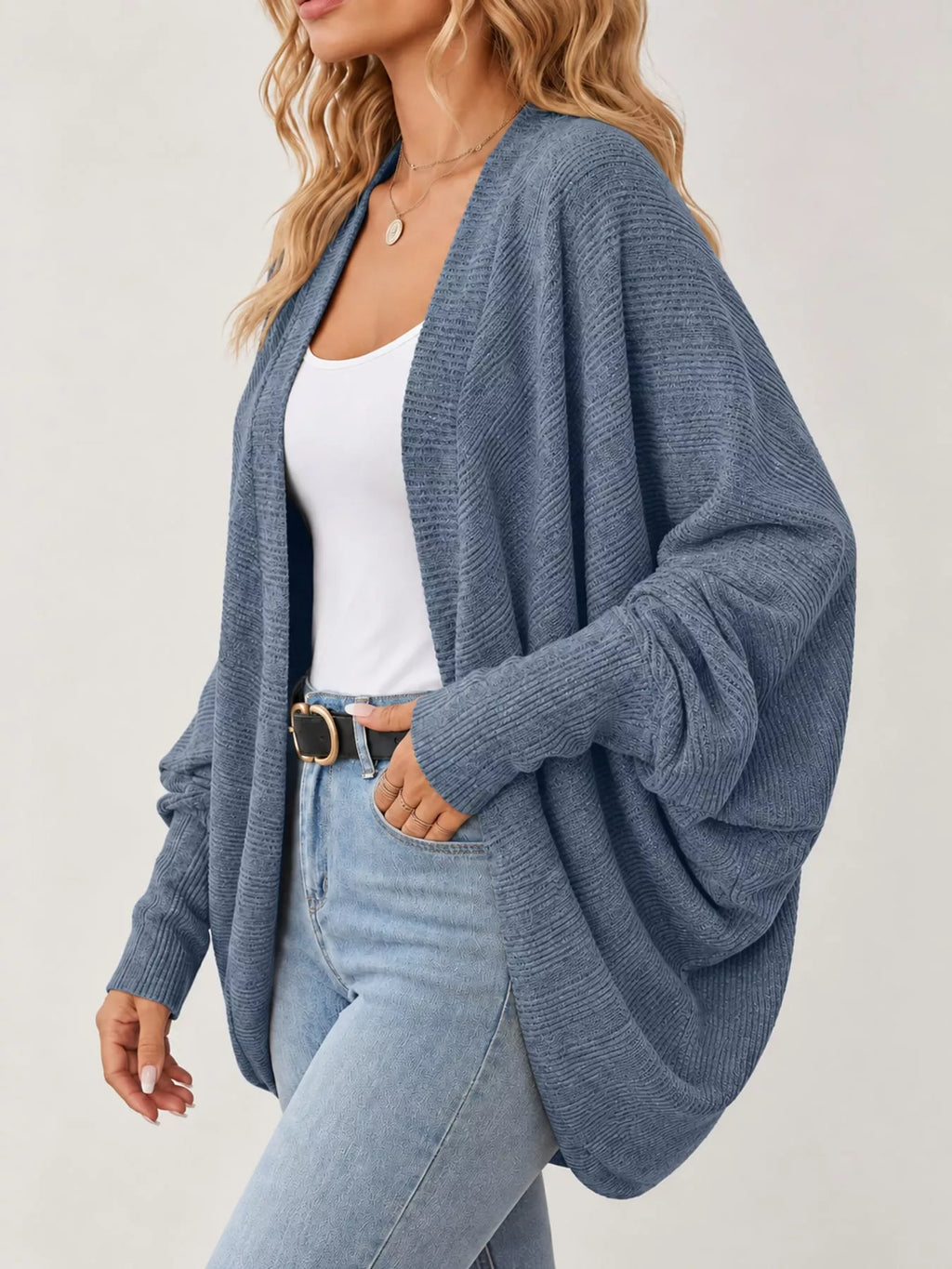 Open-front ribbed batwing sleeve cardigan, view 18