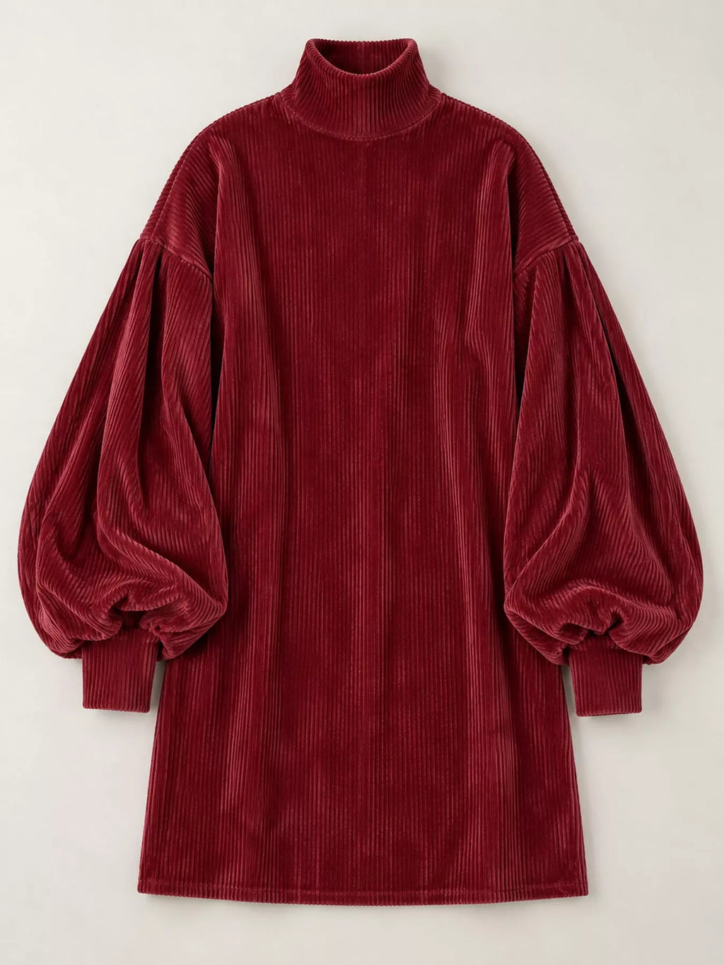 Corduroy mock neck lantern sleeve mini dress, view 20