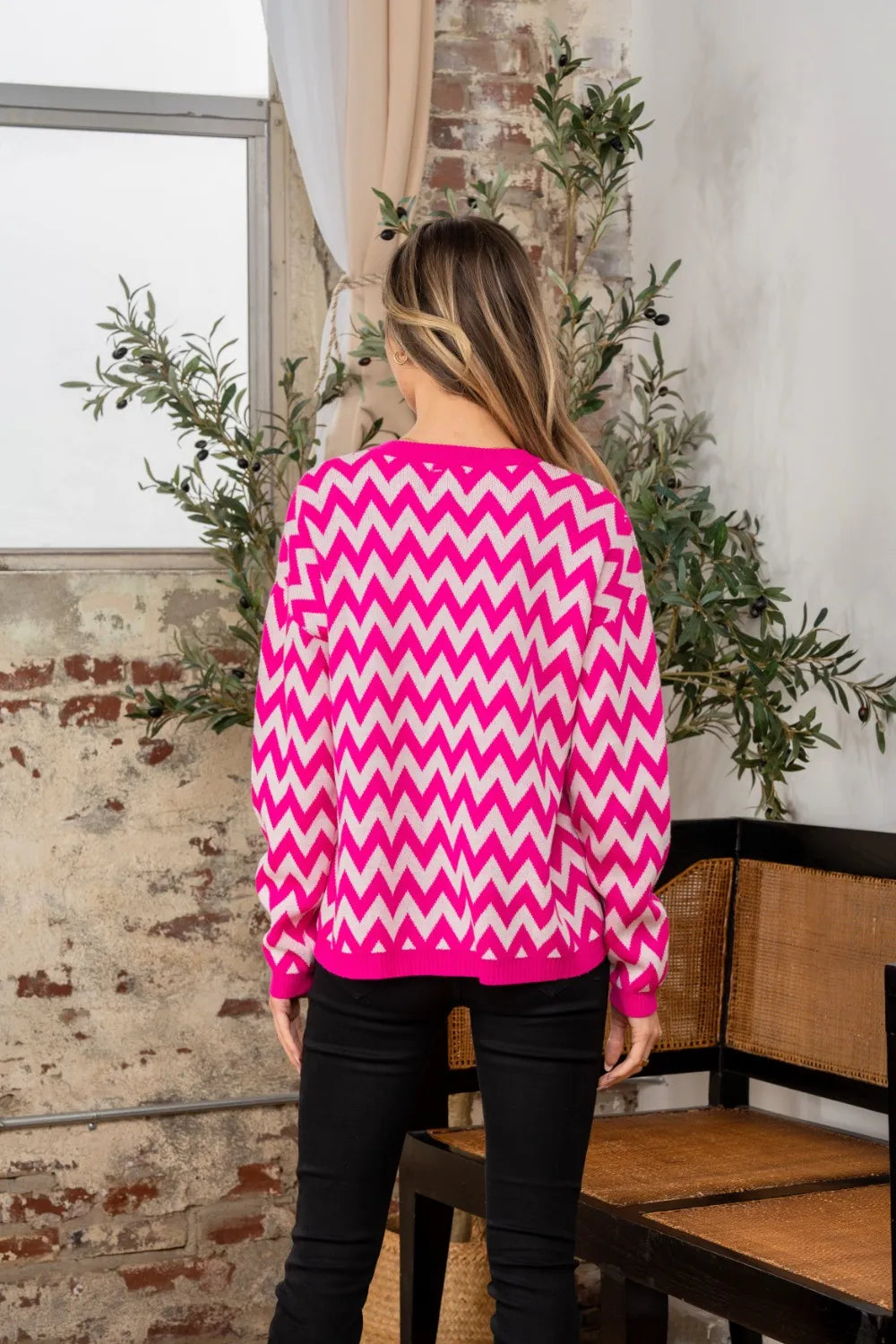 Sew In Love full size wave stripe contrast long sleeve sweater by Trendsi, featuring bold stripe pattern and comfortable fit.
