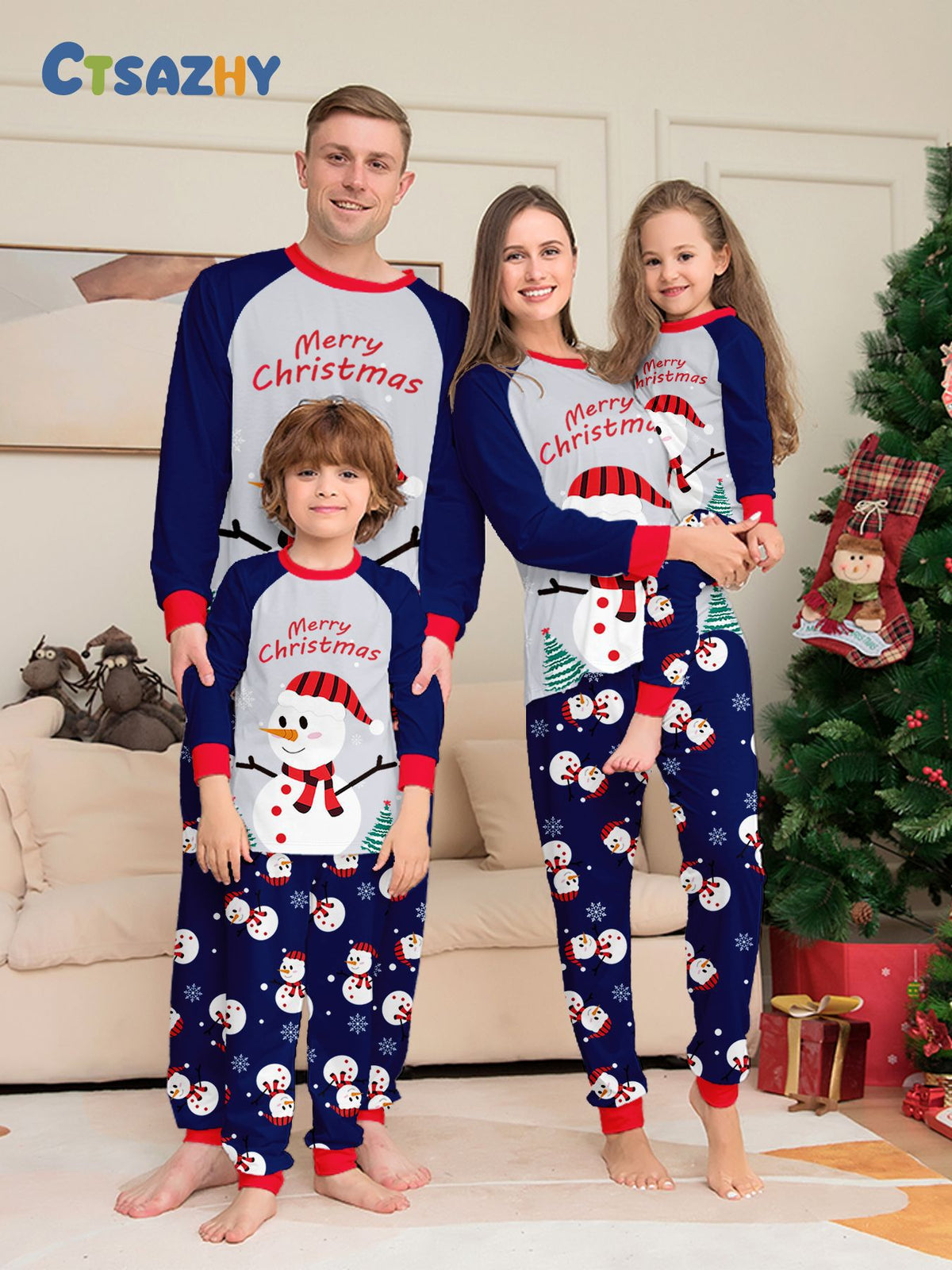 Blue gray family Christmas pajamas with cartoon and lettering print