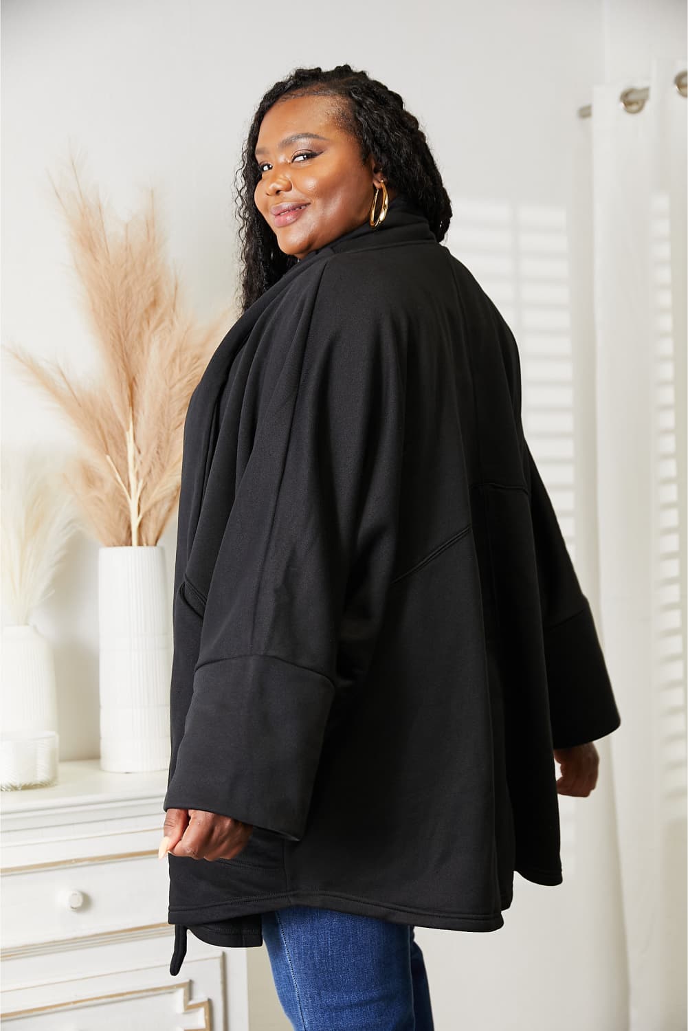 Heyson full size open front cardigan with scarf design, featuring a cozy knit texture and relaxed fit, perfect for casual wear.