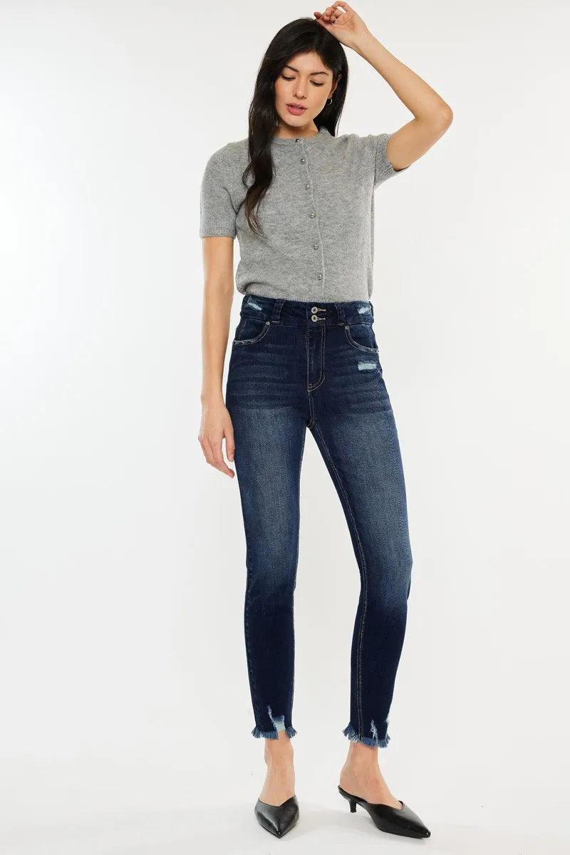 Kancan high waist jeans with raw hem and cat's whiskers detailing, stylish full-size denim pants by Trendsi.