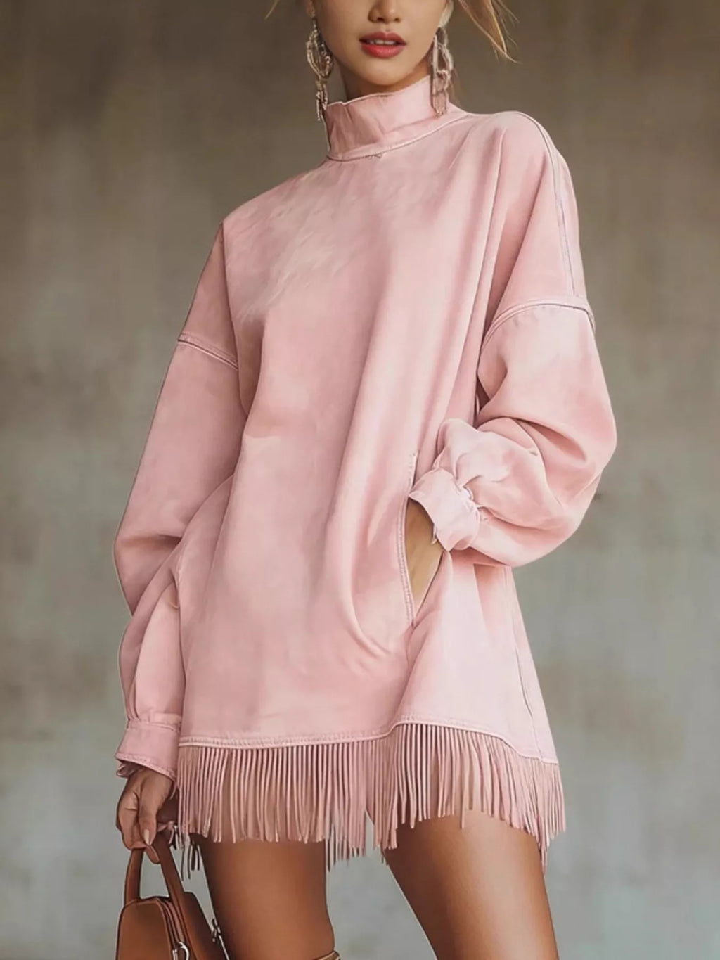 Plus-size mock neck long sleeve mini dress with fringed hem