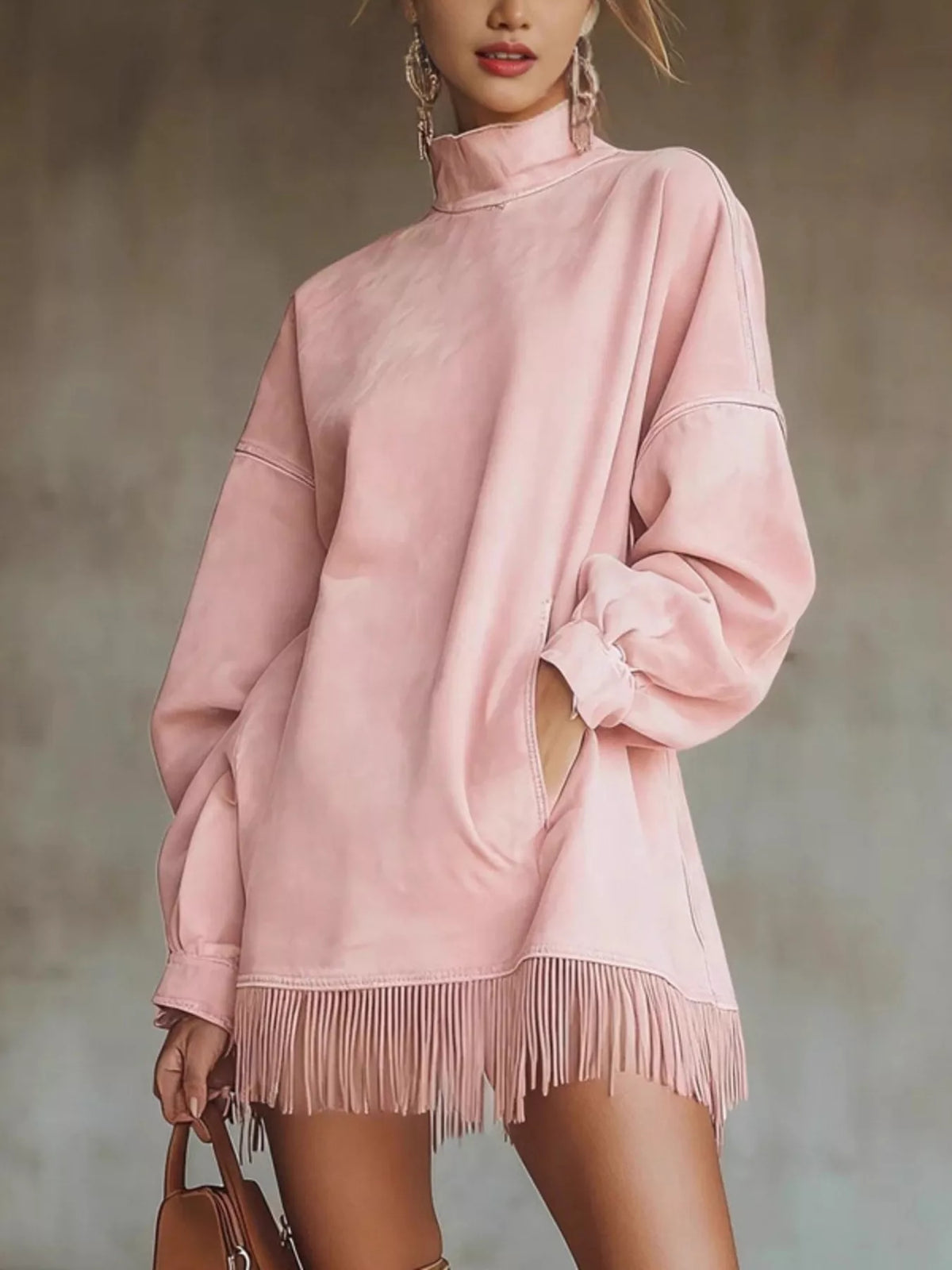 Plus-size mock neck long sleeve mini dress with fringed hem
