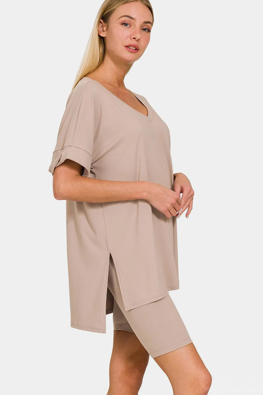 Zenana full size V-neck short sleeve T-shirt and shorts set, casual loungewear with slit details, by Trendsi.