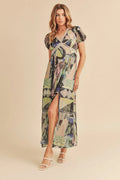 Aemi + Co lace detail slit geometric print short sleeve maxi dress, featuring a flowing design and intricate lace accents.