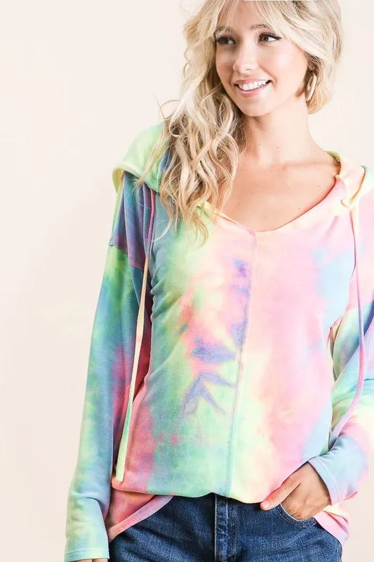 Colorful BiBi Tie Dye Terry Long Sleeve Hoodie by Trendsi featuring a relaxed fit and vibrant tie dye pattern on soft terry fabric.