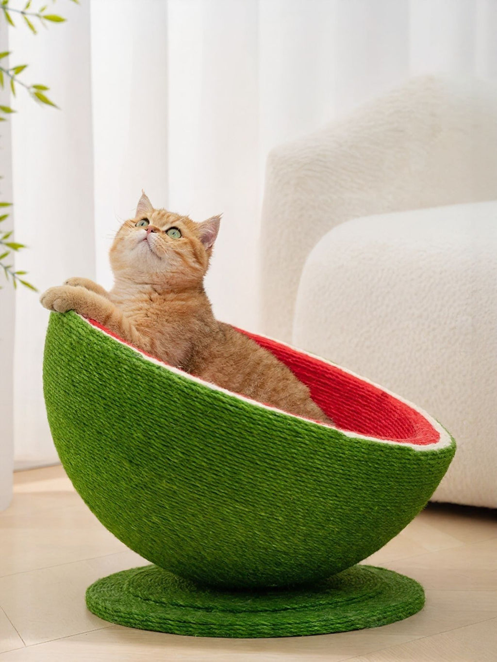 Watermelon-shaped cat scratching post nest by Trendsi, featuring a vibrant, plush design with a cozy resting area for cats.