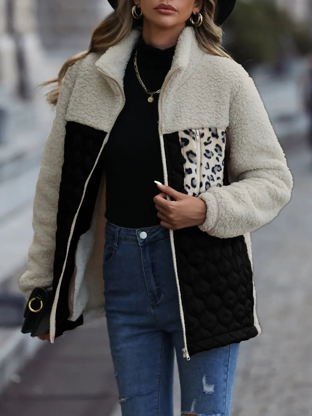 Leopard color block zip-up jacket, view 11