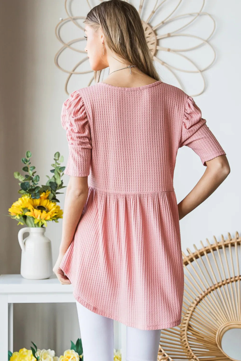 Heimish full size waffle knit V-neck babydoll top in soft fabric, featuring a relaxed fit and stylish V-neck design.