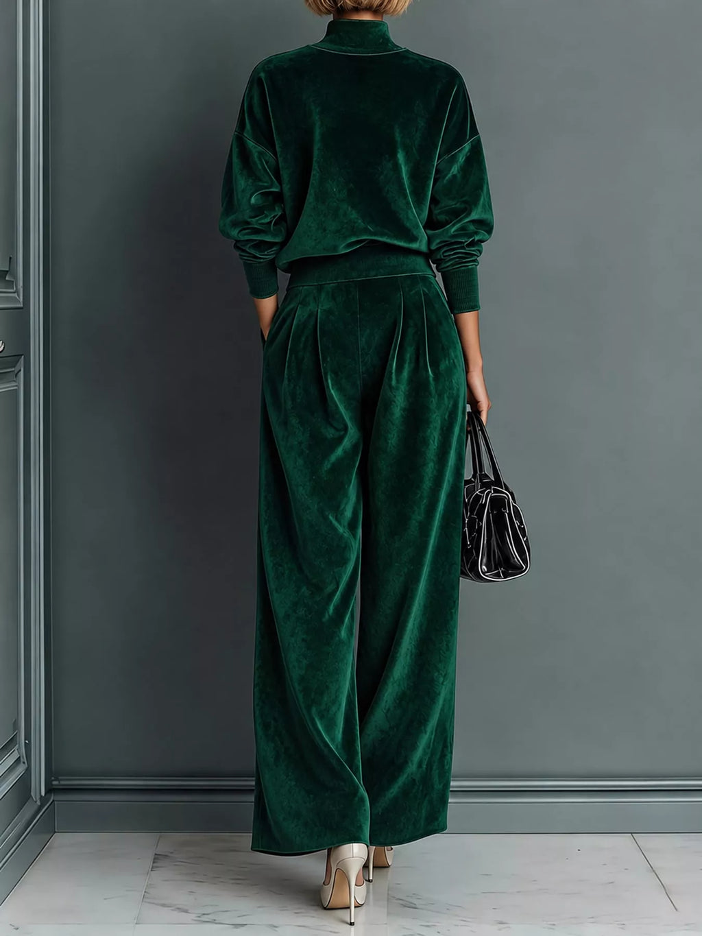 Velvet mock neck long sleeve top and wide-leg pants set by Trendsi, featuring soft fabric and stylish fit, shown on a model.