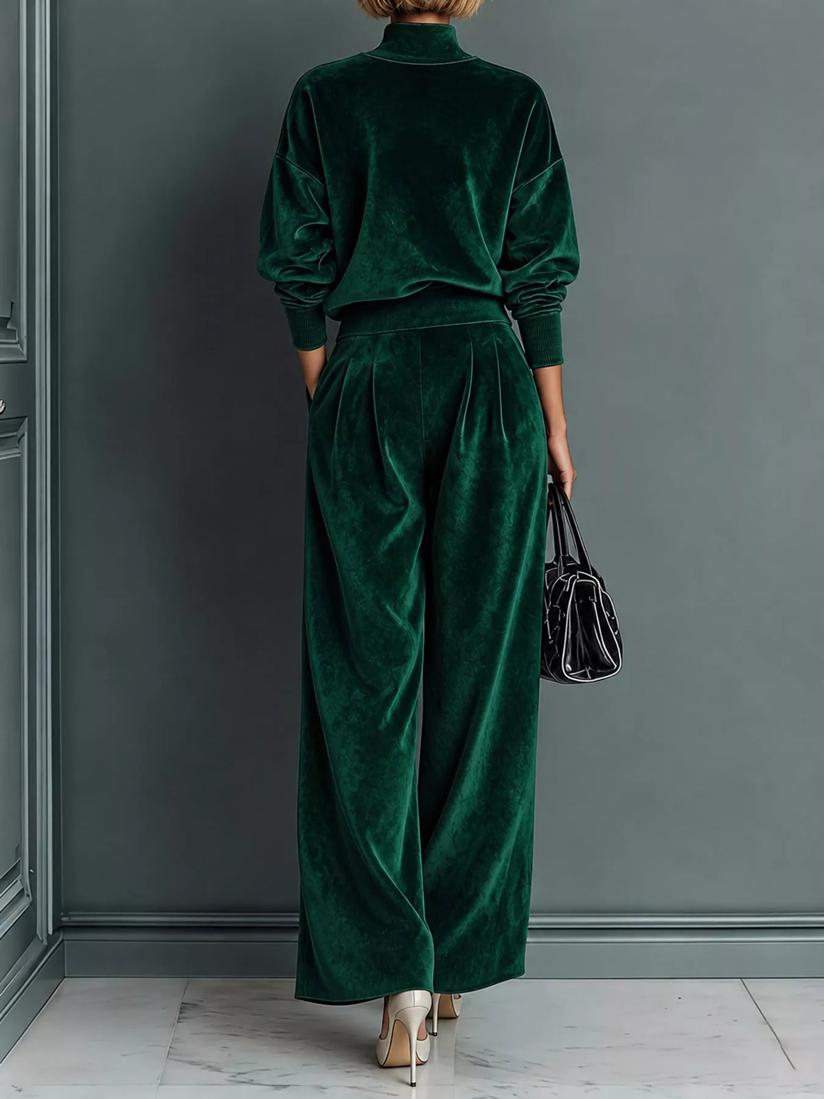 Velvet mock neck long sleeve top and wide-leg pants set by Trendsi, featuring soft fabric and stylish fit, shown on a model.