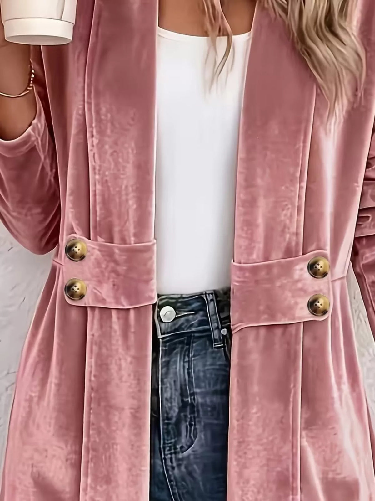 Velvet open-front cardigan with decorative buttons, plus size, view 8