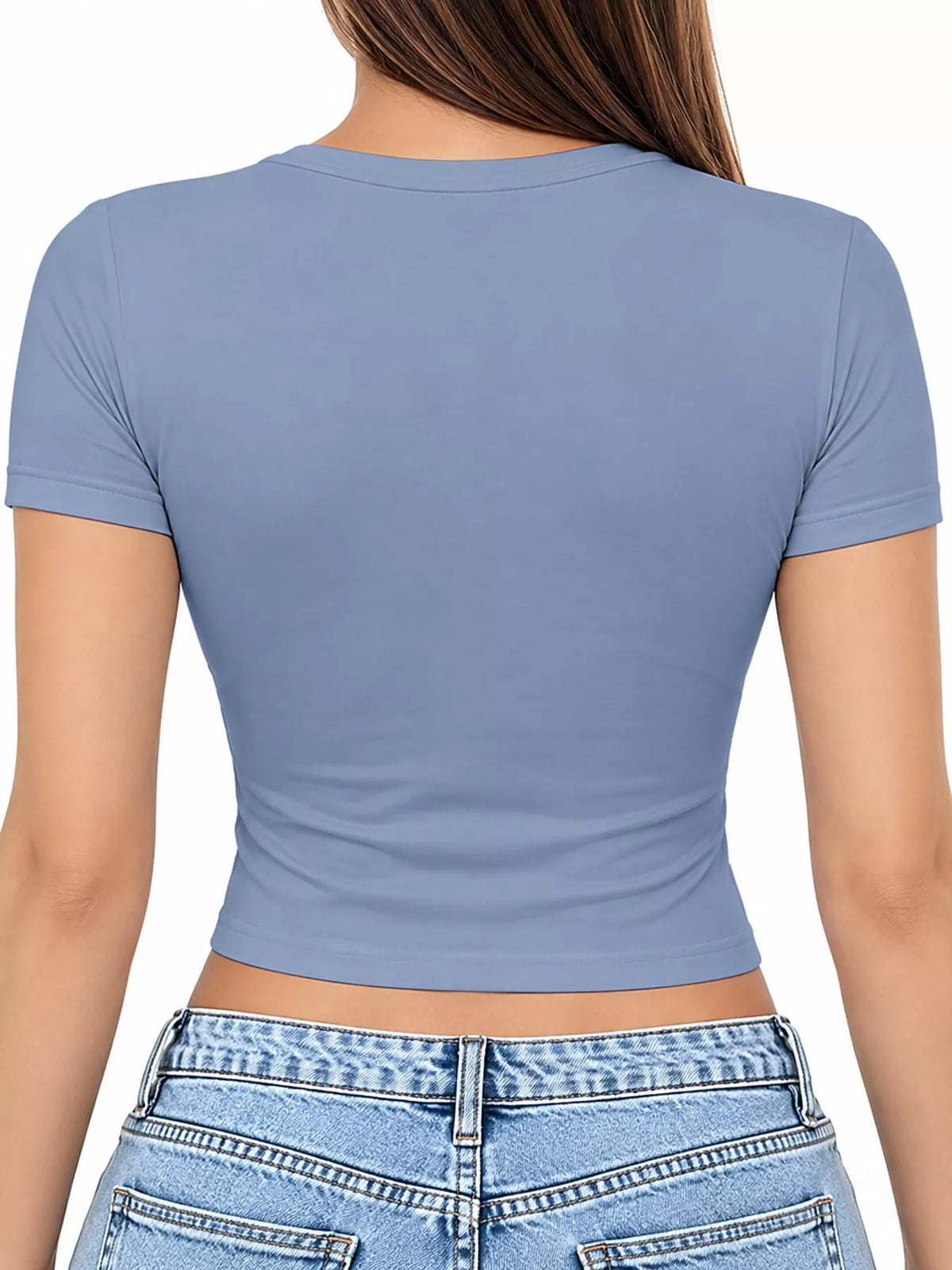Slim fit basic crew neck short sleeve crop T-shirt by Trendsi, shown in black with a fitted silhouette and crew neckline.