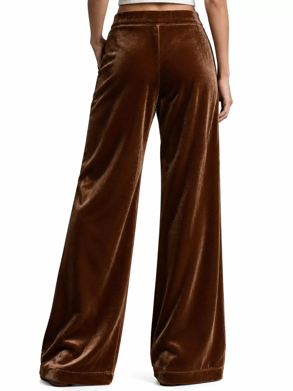 Full size high-waisted wide-leg velvet pants with pockets, plus size, in rich fabric, stylish and comfortable for casual or dressy wear.