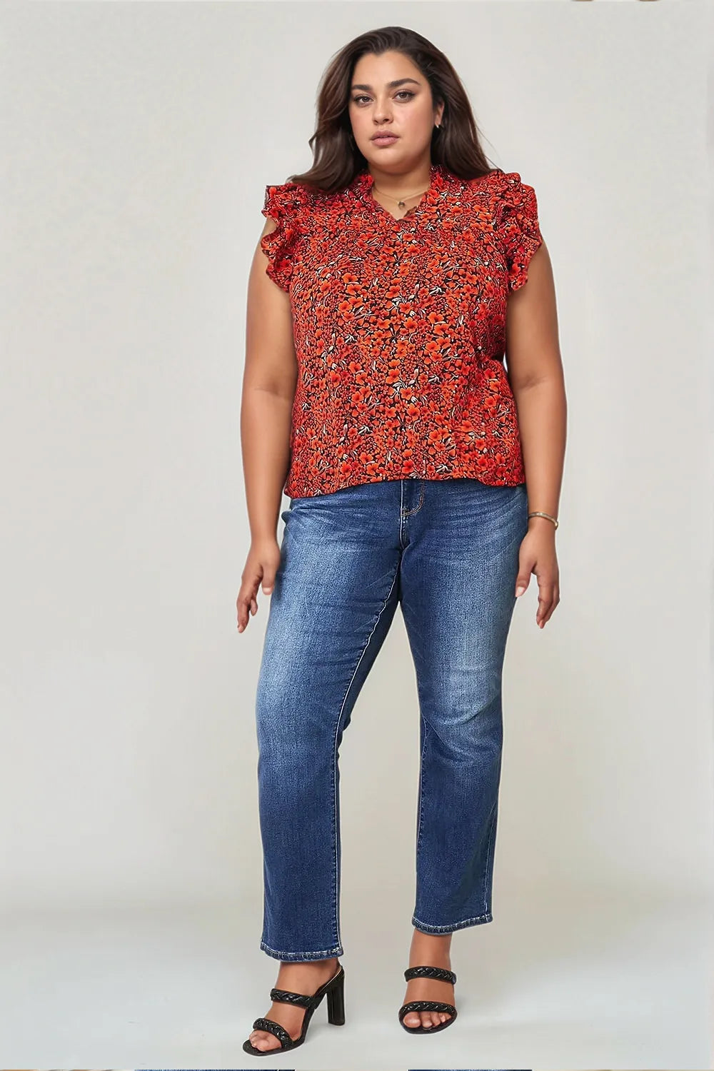 Trendsi double take floral flutter sleeve blouse with notched neck, lightweight fabric, and vibrant floral pattern.