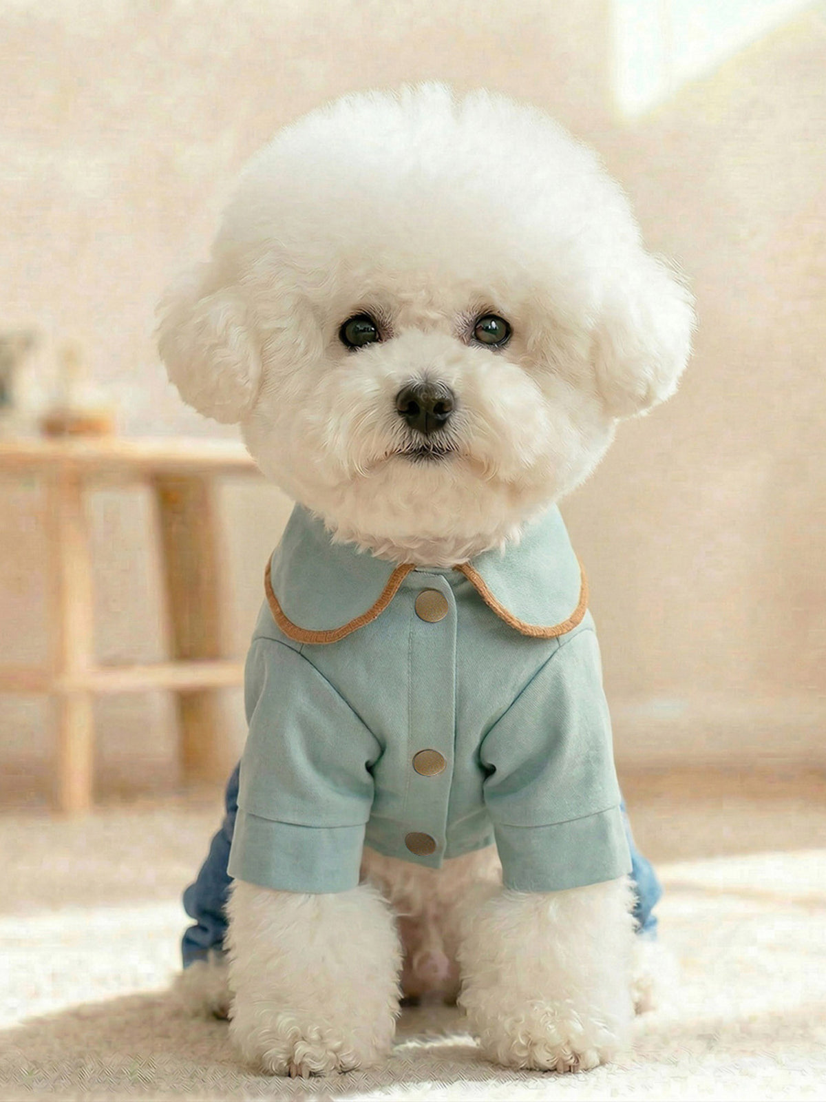Denim pet jumpsuit with bowknot detail, stylish and comfortable for small dogs, by Trendsi.
