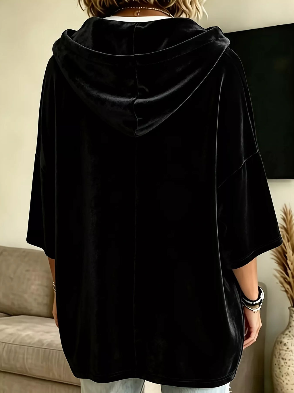 Plus size velvet 3/4 sleeve hoodie with kangaroo pocket, view 9