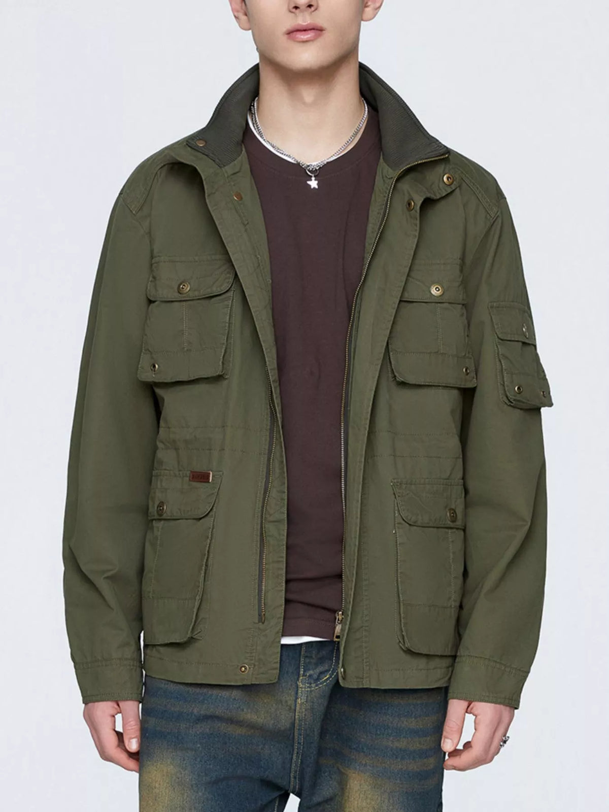 Men's plus size multi-pocket zip-up jacket