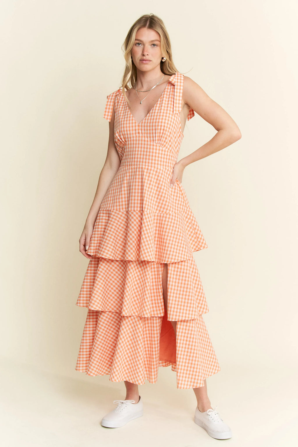 Jade By Jane sleeveless gingham print tiered midi dress with a fitted bodice and flowing skirt, perfect for casual summer wear.