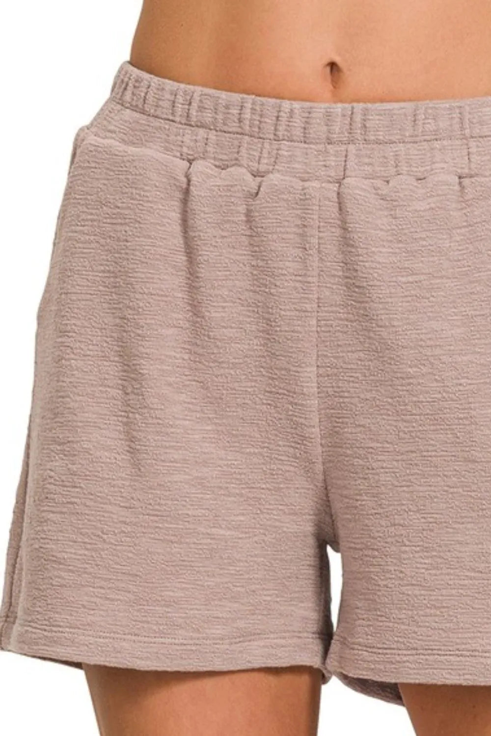 Light beige Zenana cotton slub shorts with a relaxed fit, casual style, and elastic waistband, ideal for summer wear.