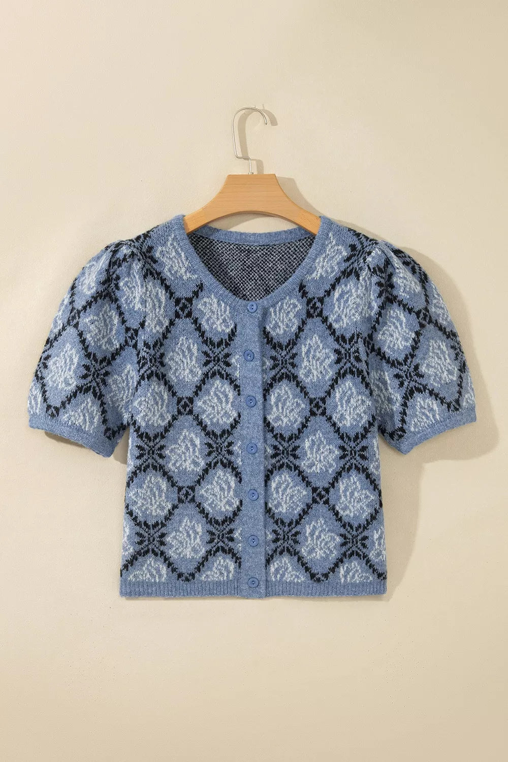 Boho knit short sleeve button-front cardigan in neutral tones, featuring a relaxed fit and stylish design from Trendsi.