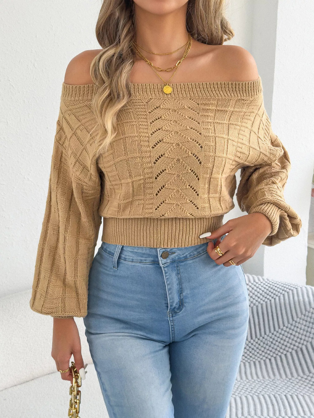 Off-shoulder openwork cropped sweater, view 9