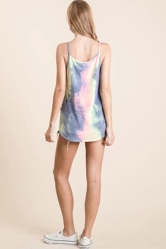 Trendsi BiBi Tie Dye Terry Camisole with Caged Neck, soft fabric, colorful tie dye pattern, and stylish caged neckline.