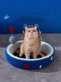 Round cat scratching post with cozy pet nest, made by Trendsi, featuring sisal scratching surface and soft interior for feline comfort.