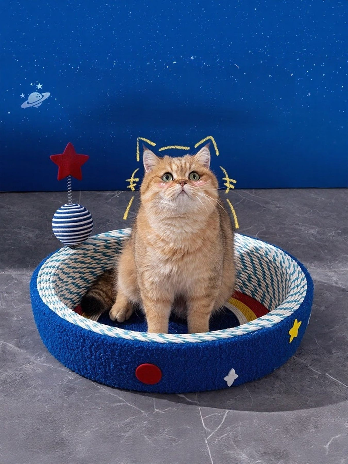 Round cat scratching post with cozy pet nest, made by Trendsi, featuring sisal scratching surface and soft interior for feline comfort.