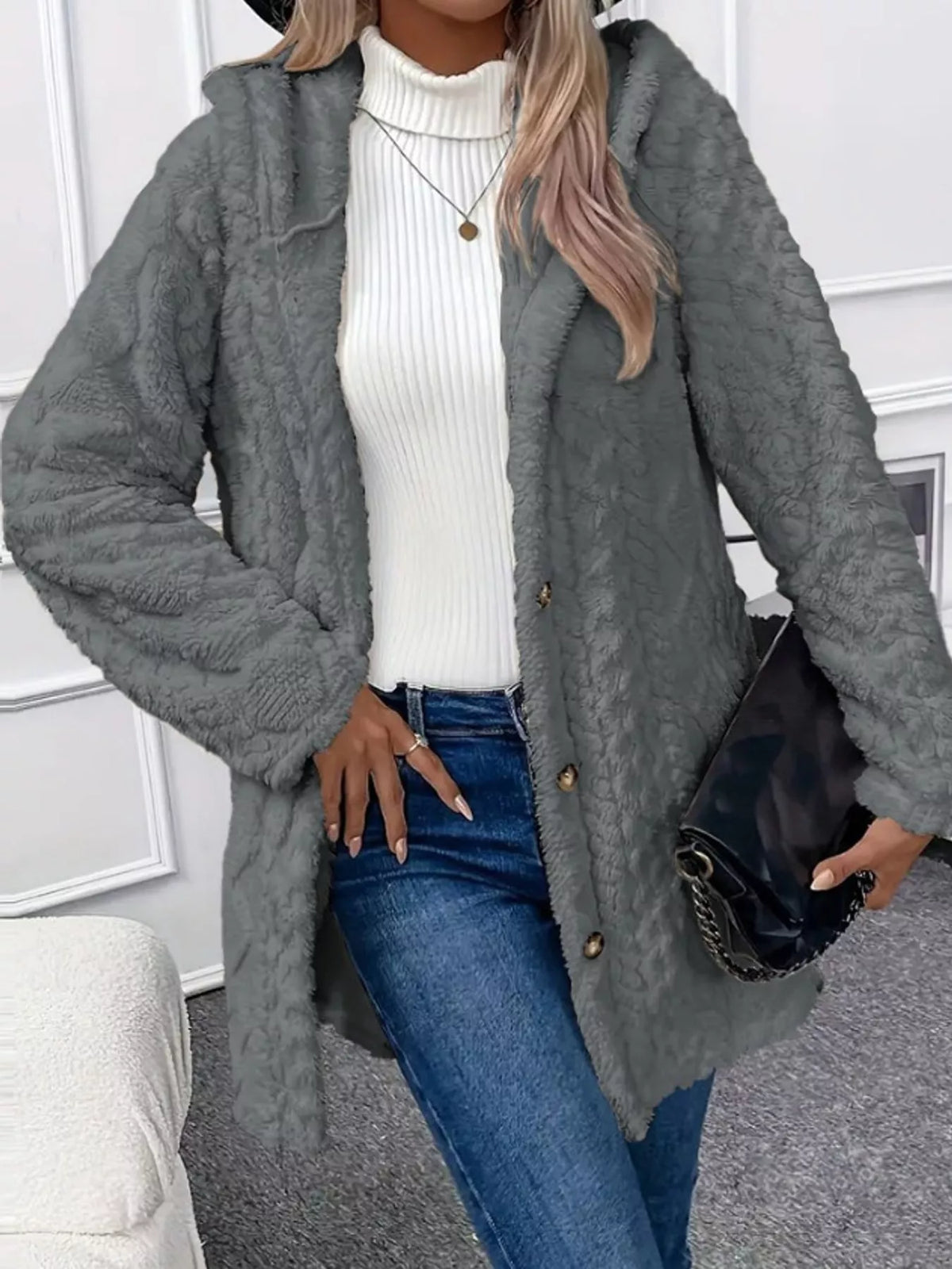 Plus size cozy cable-knit faux fur hooded outerwear by Trendsi, featuring a warm, full-size cable-knit design with a plush faux fur hood.
