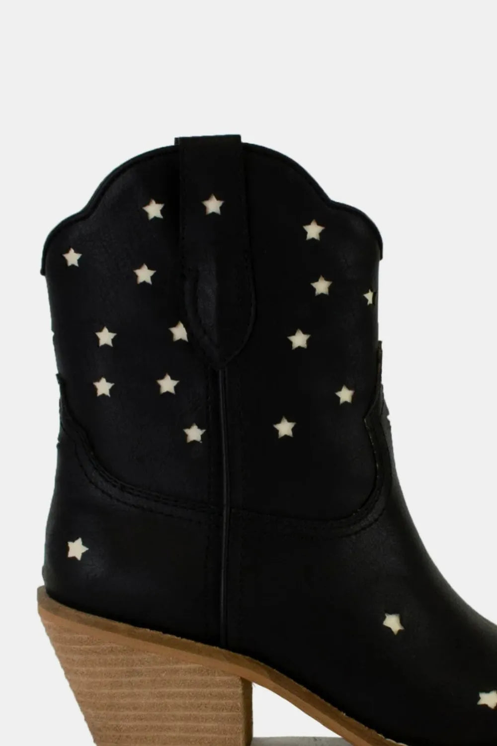 Beast Fashion faux leather star-shaped cutout point toe boots featuring a sleek design and star details on trendy footwear.