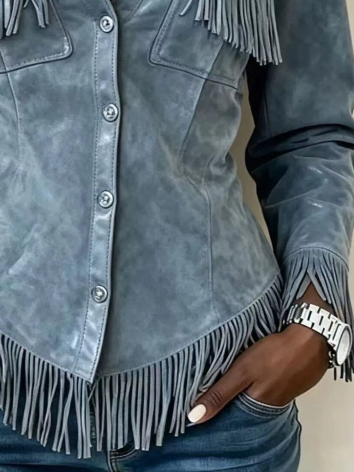 Plus size fringed snap-down jacket, view 9
