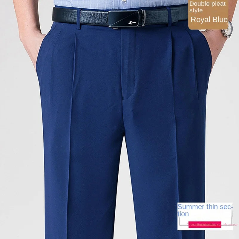 High Waist Silk Thin Suit Pants Men Double Pleated Summer Dress Trousers For Male Formal Pants Business Size 29-50 52 54 56