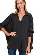 Zenana airflow collar tee with smocked sleeve band, casual top featuring a relaxed fit and stylish design, perfect for everyday wear.