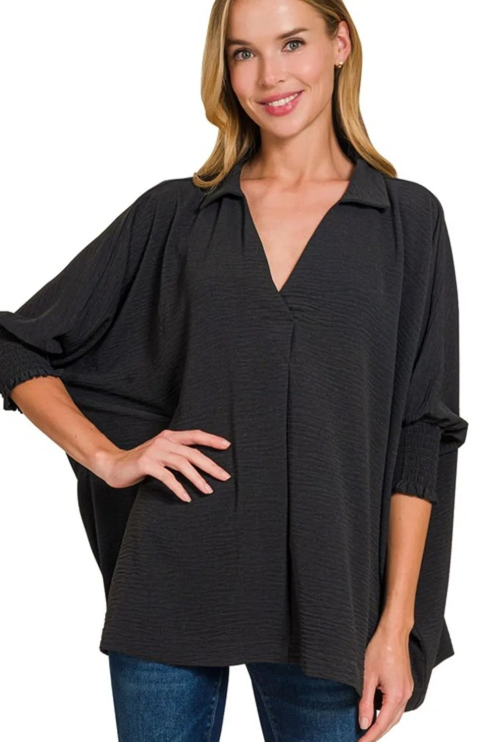Zenana airflow collar tee with smocked sleeve band, casual top featuring a relaxed fit and stylish design, perfect for everyday wear.