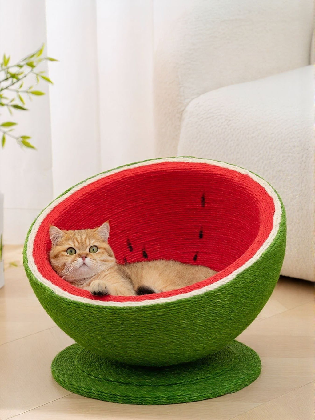 Watermelon-shaped cat scratching post nest by Trendsi with plush fabric, cozy interior, and scratching surface for feline comfort.