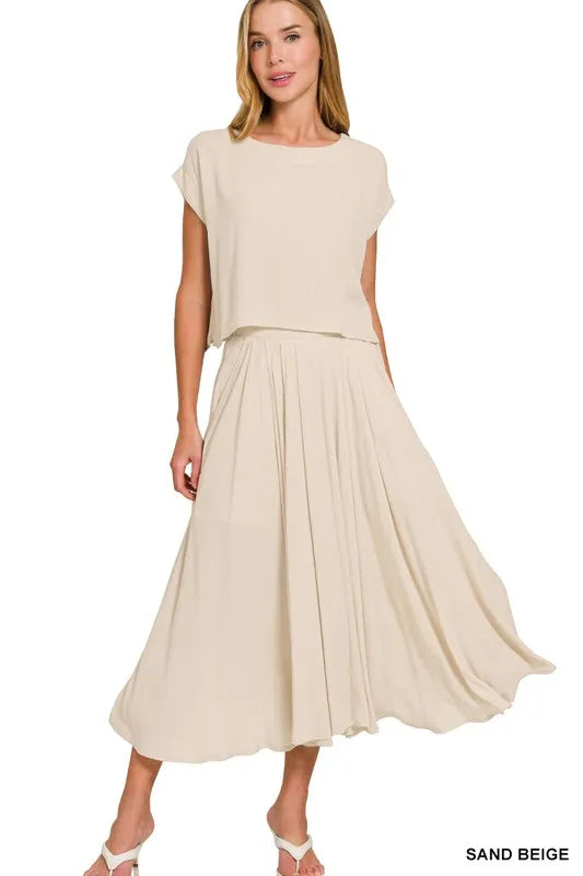 Zenana woven crinkle gauze crop tee and skirt set, light and breathable fabric, casual summer outfit from Trendsi.
